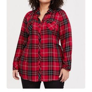 Torrid Red Plaid Rayon Twill Button Front Tunic Shirt 4X